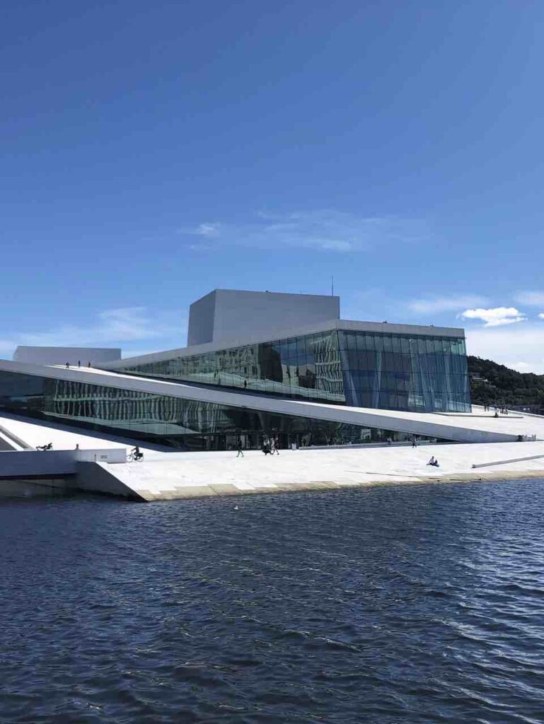 Scenic view of Oslo Opera House against a clear blue sky.