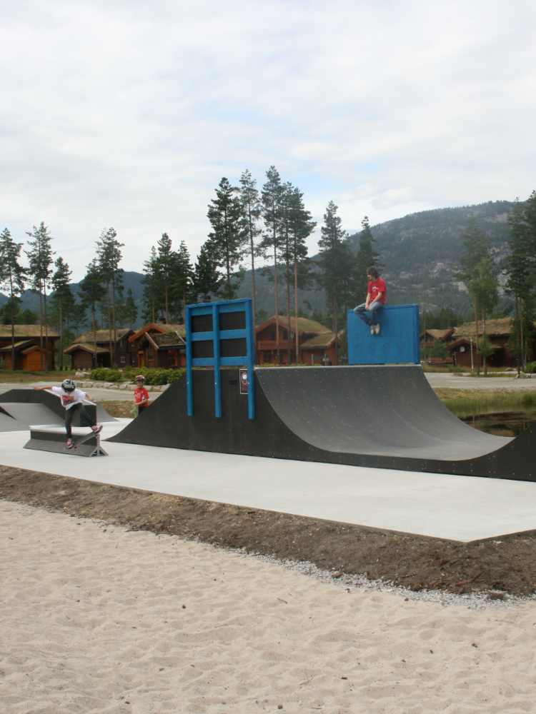 Children enjoying active play at Vrådal's skatepark, set against the scenic backdrop of the holiday home area.